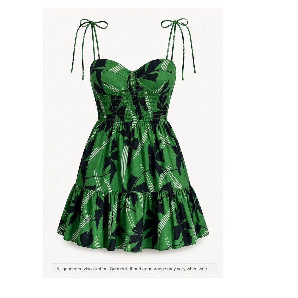 Staud Mini Dress M Green Resort Tropical Tulle Corset